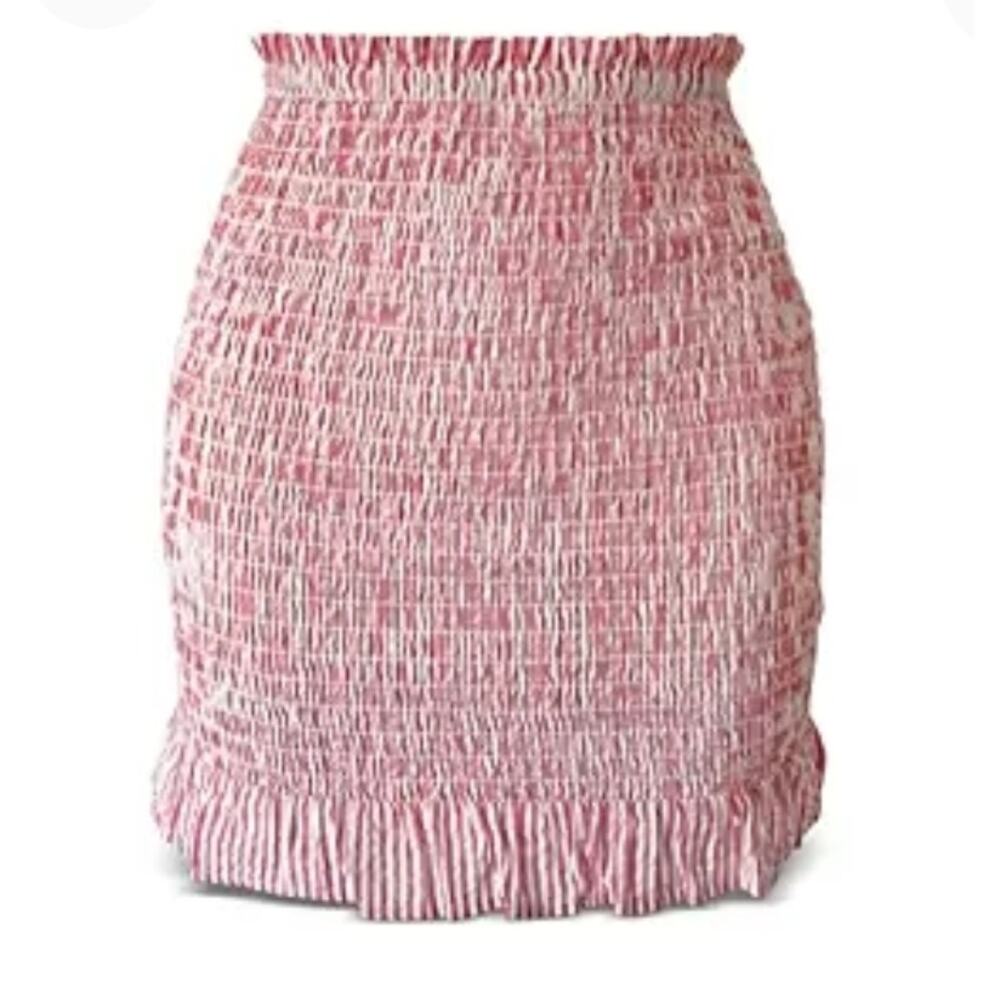 BCBGeneration Smocked Seersucker Mini Skirt Ruffles Red White Size Large